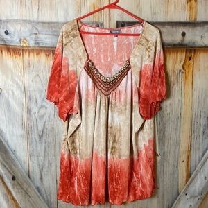 Essentials Silky Stretchy Pleated Embellished Short Sleeve Ombre Blouse